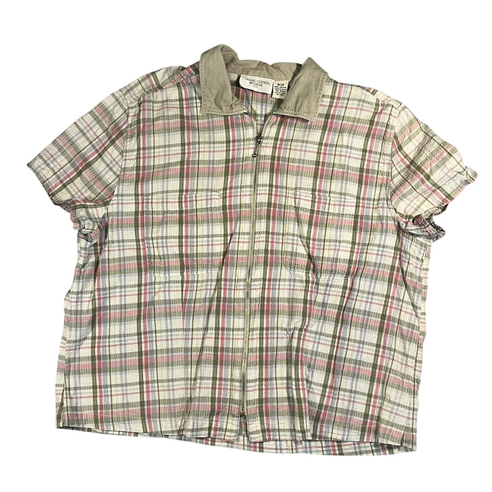 Casual Corner Woman Plaid Zip Up Short Sleeve Shirt Collared Top Size 18/20